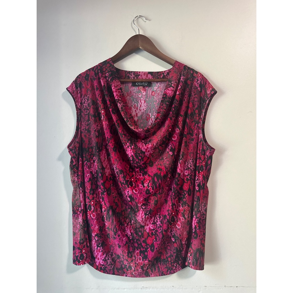 Kasper Vintage Y2K Pink Abstract Floral Cowl Neck Metallic Blouse 2X Plus Size